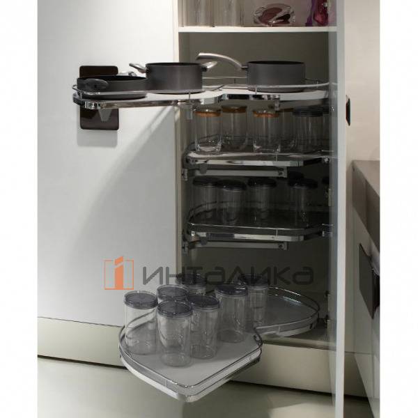 Поворотно-выдвижной механизм KESSEBOHMER Le Mans 450, 4 полки Arena classic с доводчиками на закрывание, Anti-slip, H1265мм, левый, хром – 2