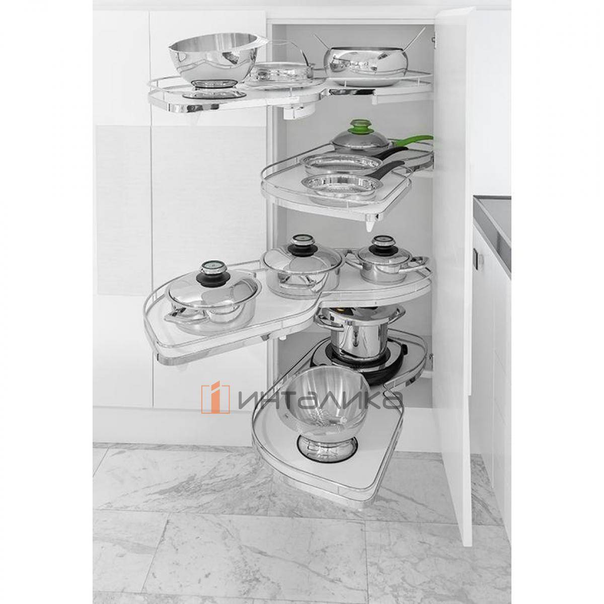 Поворотно-выдвижной механизм KESSEBOHMER Le Mans 450, 4 полки Arena classic с доводчиками на закрывание, Anti-slip, H1265мм, левый, хром