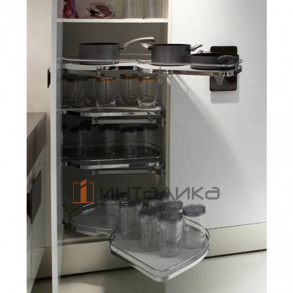 Поворотно-выдвижной механизм KESSEBOHMER Le Mans 500, 4 полки Arena classic с доводчиками на закрывание, Anti-slip, H1265мм, правый, хром – 2