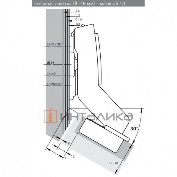 Петля HETTICH* Sensys 8639I W30 (B-16) 95°, угловая, для дверей 15-28 мм, вкладная, с доводчиком, Ø35, под пресс, (V50), никель – 2