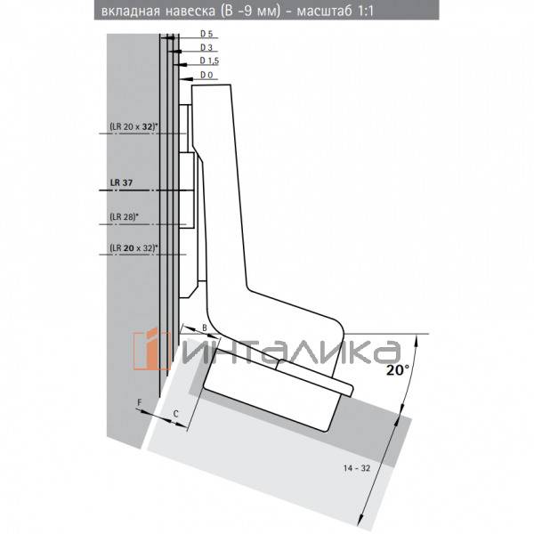 Петля HETTICH* Intermat 9936 W20  (B-9) 95°, угловая, для дверей 14-32 мм, вкладная, Ø35, под саморезы, (V50), никель l 77645 l – 3
