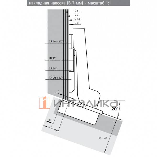 Петля HETTICH* Intermat 9936 W20  (B7) 95°, угловая, для дверей 14-32 мм, накладная, Ø35, под пресс, (V50), никель l77680 l – 3