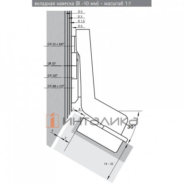 Петля HETTICH Intermat 9936 W30  (B-10) 95°, угловая, для дверей 14-32 мм, вкладная, Ø35, под саморезы, (V50), никель l 73928 l – 4