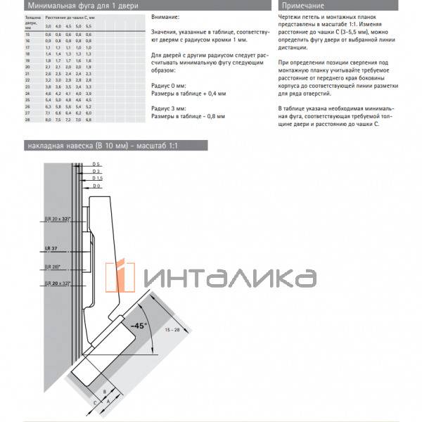 Петля HETTICH Intermat 9944 W-45 (B10) 125°, угловая, для дверей 15-28 мм, накладная, Ø35, под саморезы, (V50), никель l 77643 l – 2