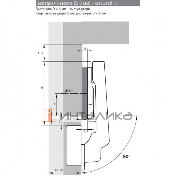 Петля HETTICH Intermat 9936 W90 (B5) 95°, под фальш. панель, для дверей 14-28 мм, вкладная, Ø35, под пресс, (V50), никель l 77709 l – 2