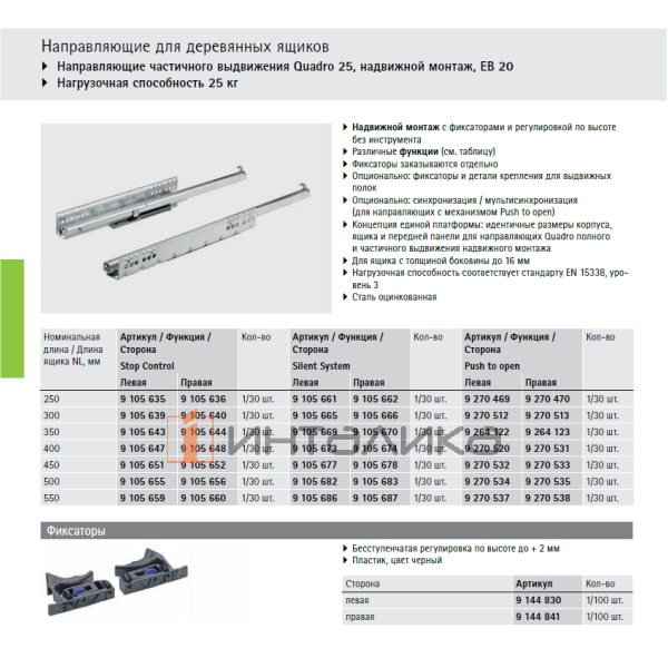 Комплект скрытых направляющих HETTICH Квадро 25 / Quadro 25, бесшумное закрывание, частичное выдвижение, L350мм, G25кг