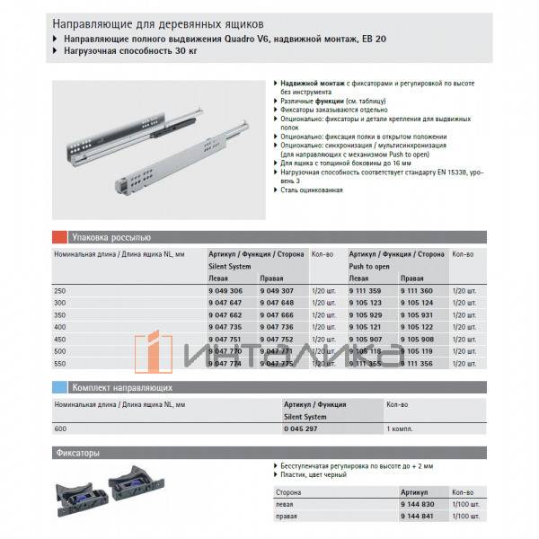 Комплект скрытых направляющих HETTICH Quadro V6, Silent System, полное выдвижение, L450мм, G30кг – 2