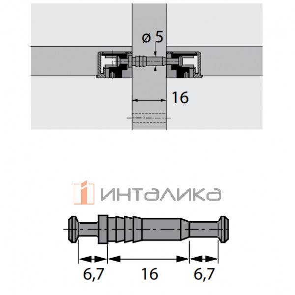 Дюбель двойной HETTICH DU 712, L 6.7мм, Ø 5мм, толщина стенки 16мм – 2