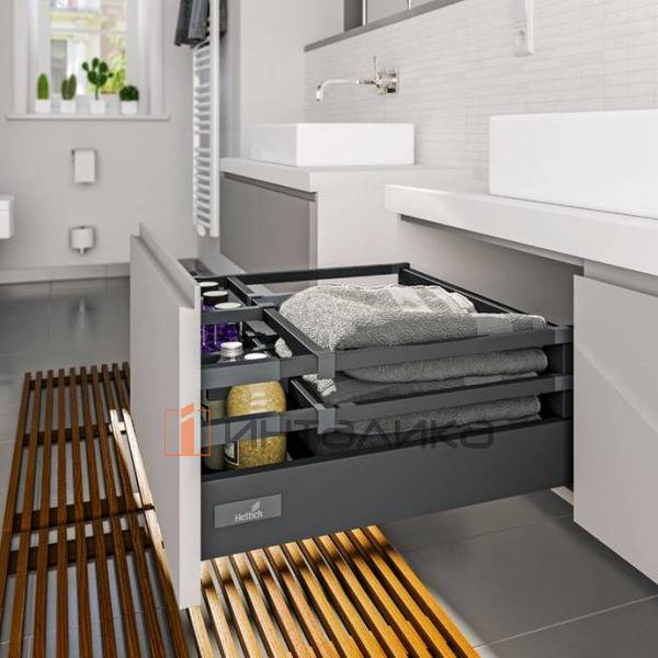 Фасадный ящик с двойным релингом HETTICH InnoTech Atira Quadro V6 Silent System полное выдвижение, H176, NL420, G30кг, под саморез, серебристый – 2