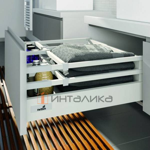 Фасадный ящик с двойным релингом HETTICH InnoTech Atira Quadro 25 Silent System частичное выдвижение, H176, NL470, G25кг, под саморез, белый – 2