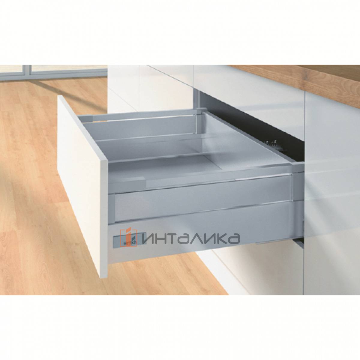 Фасадный ящик с TopSide HETTICH InnoTech Atira Quadro V6 Push to Open полное выдвижение, H144, NL420, G30кг, под саморез, серебристый