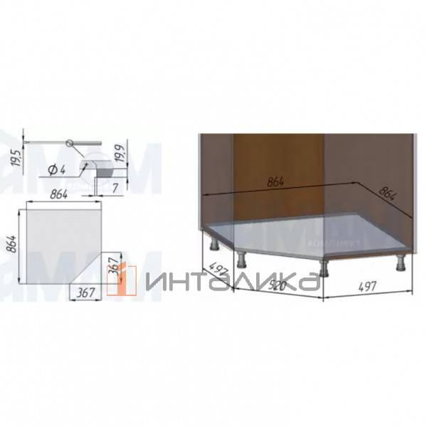 Алюминиевый поддон для угл.кух.базы угол 45 град, кор.900*900 – 2