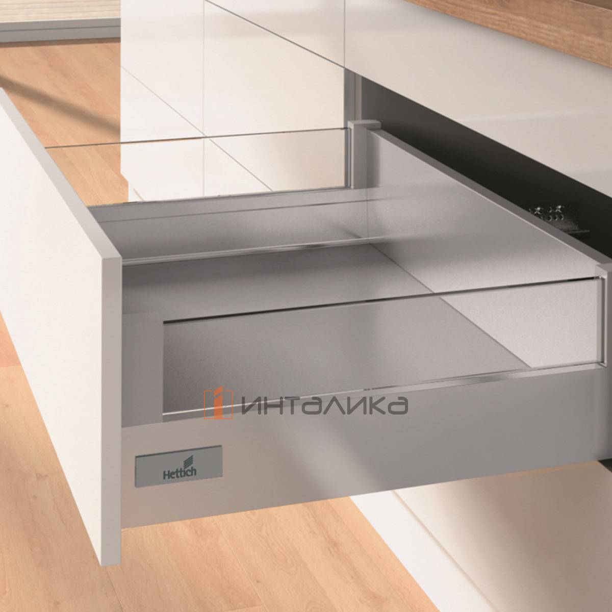 Фасадный ящик с DesignSide HETTICH InnoTech Atira Quadro V6 Push to Open Silent полное выдвижение, H144, NL470, G30, снаряжённый вес ящика 10-30 кг, серебристый