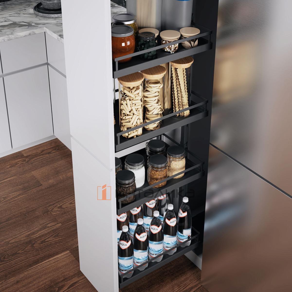 Выдвижной шкаф-колонна KESSEBOHMER Dispensa 400, 4 полки Arena style с доводчиком на открывание и закрывание, полное выдвижение, Anti-slip, 1200-1600, антрацит