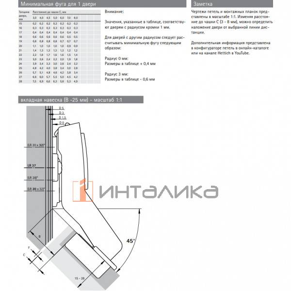 Петля HETTICH Sensys 8669 W45 (B-25) 95°, угловая, для дверей 15-28 мм, вкладная, без пружины, Ø35, под саморезы, (V50), никель – 2