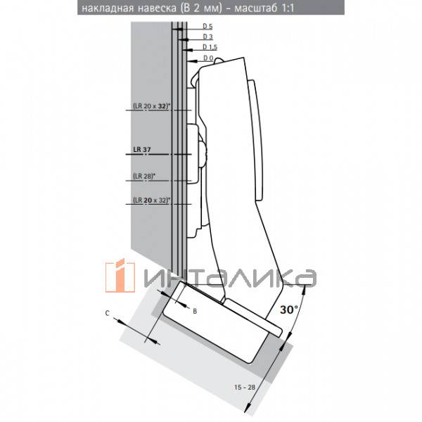 Петля HETTICH Sensys 8639i W30 (B2) 95°, угловая, для дверей 15-28 мм, накладная, с доводчиком, Ø35, под саморезы, (V50), черный обсидиан – 2