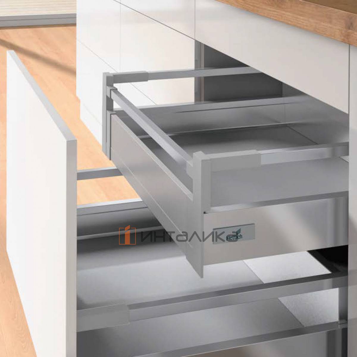 Внутренний ящик с релингом HETTICH InnoTech Atira Quadro V6 Push to Open, полное выдвижение, B600, H144, NL420, G30, серебристый