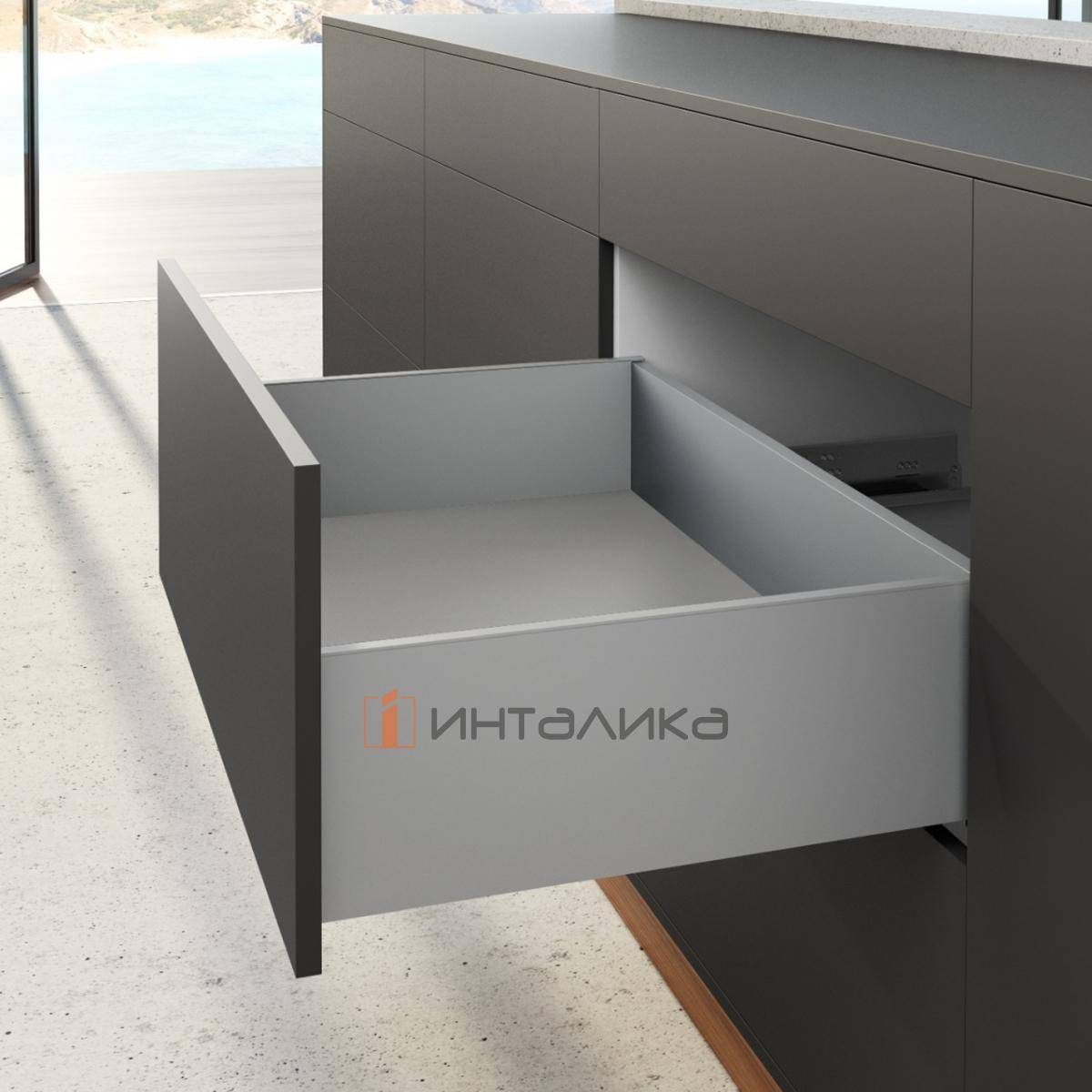 Фасадный ящик HETTICH АванТех Ю Квадро Открывание нажатием, плавное закрывание / AvanTech You Quadro M Push to Open Silent, полное выдвижение, H187, NL500, G30, снаряжённый вес ящика 8-20, серебристый
