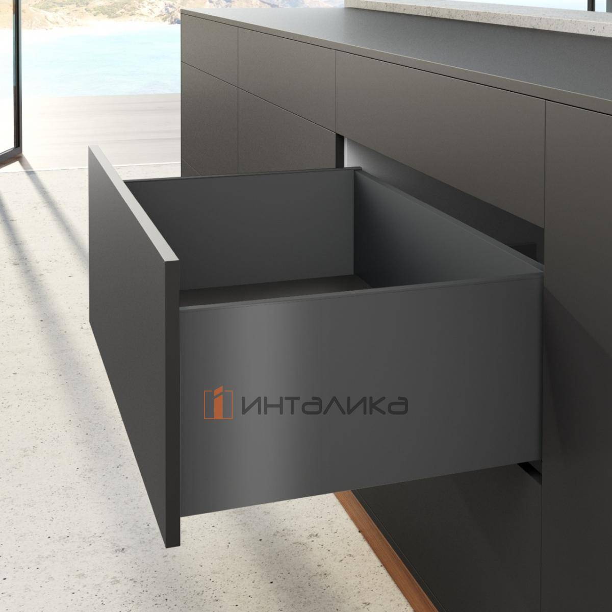 Фасадный ящик максимальный HETTICH AvanTech You Quadro M Push to Open Silent полного выдвижения, H251, NL350, G30, снаряжённый вес ящика 10-30 кг, антрацит