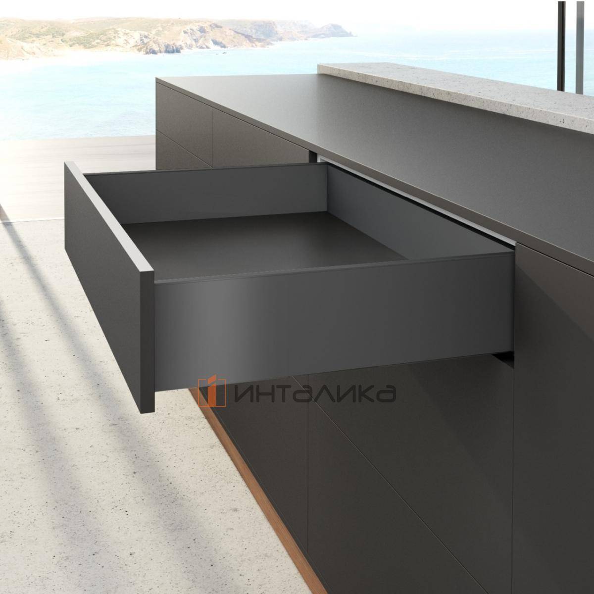 Фасадный ящик увеличенный HETTICH AvanTech You Actro L Push to Open Silent полного выдвижения, H139, NL500, G40, снаряжённый вес ящика 8-20 кг, антрацит