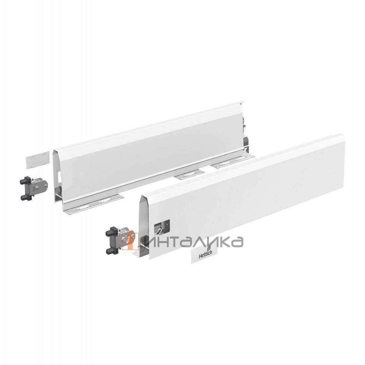 Комплект боковин с заглушками  и креплением фасада под пресс HETTICH, для ящика ArciTech, внутренний, NL400, H126, цвет белый, (V1)