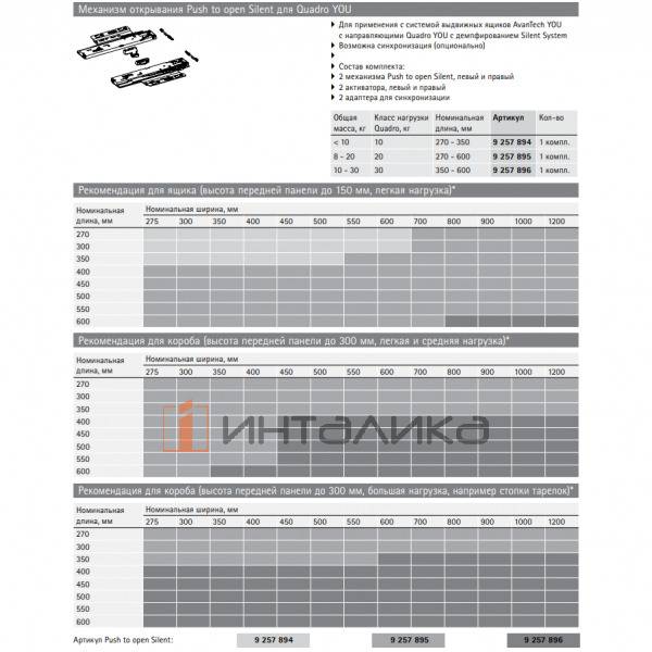 Комплект механизма HETTICH Push to Open Silent, снаряженный вес ящика 10 - 30кг, для Quadro You, (V 1) – 2
