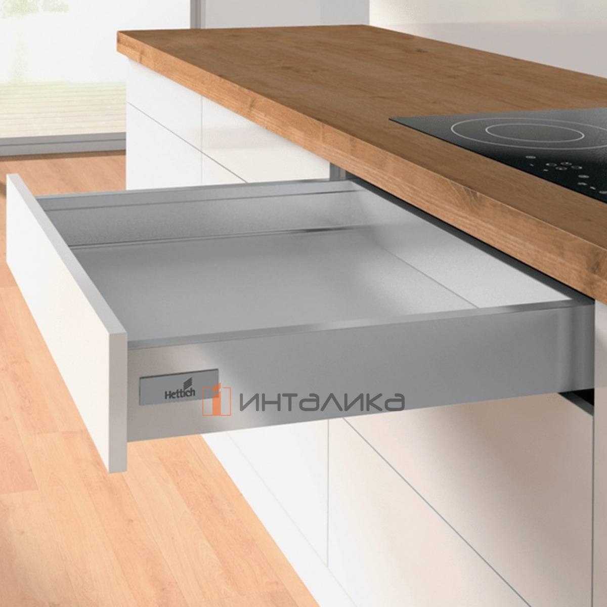 Фасадный ящик стандартный HETTICH InnoTech Atira Quadro V6 Silent System полное выдвижение, H70, NL470, G30кг, под саморез, серебристый