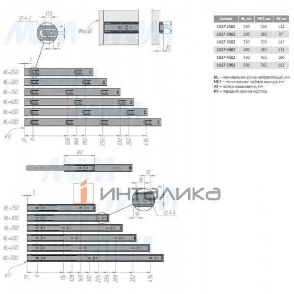 VEKTOR BS27 направляющие 250 мм, шариковые, h27 мм, неполн. выдвижения (1027-250Z) – 3