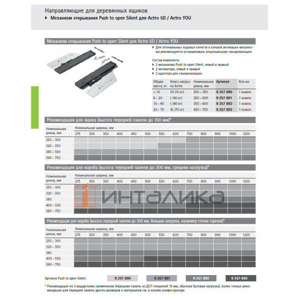 Комплект направляющих HETTICH Актро 5D / Actro 5D L, полное выдвижение, открывание нажатием, бесшумное закрывание, NL450, G40, вес ящика 10-40 кг, ЕВ 21, с замками
