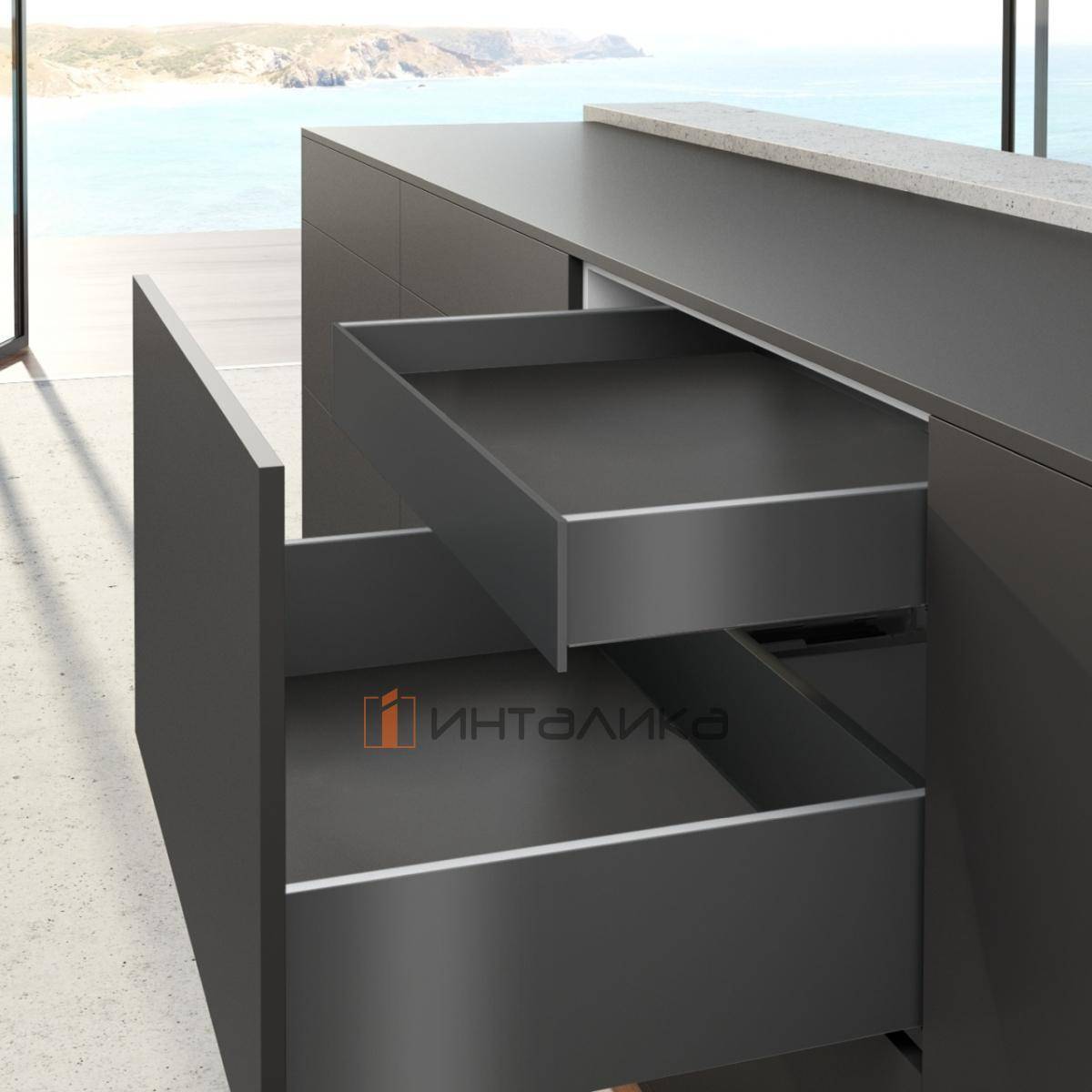 Внутренний ящик стандартный HETTICH AvanTech You Quadro M Push to Open Silent полного выдвижения, H101, NL550, G30, B 600, снаряжённый вес ящика 10-30 кг, антрацит