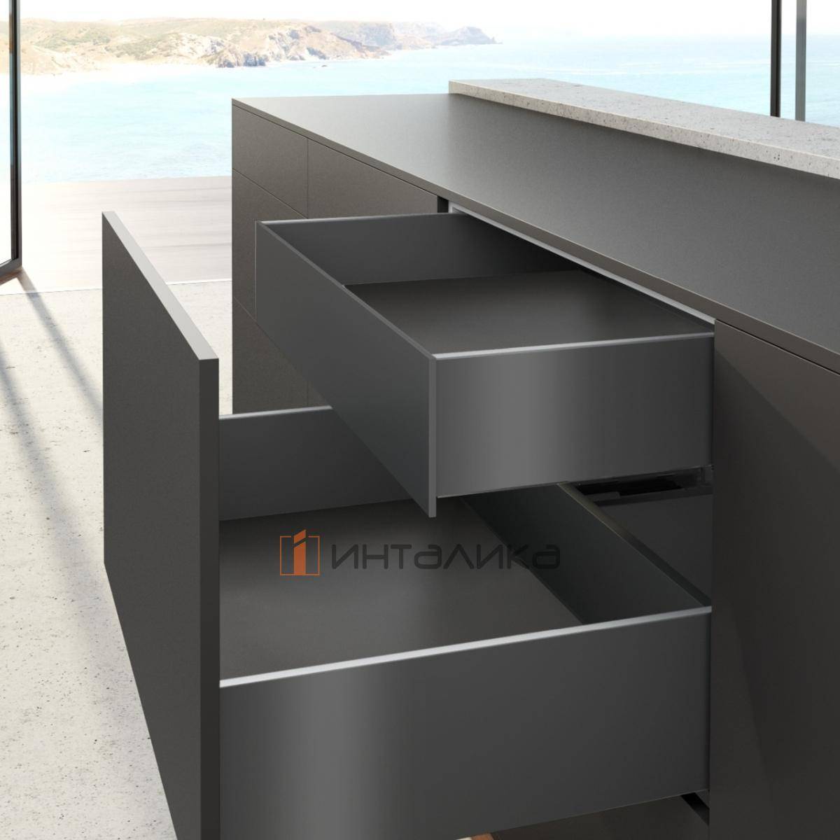 Внутренний ящик HETTICH AvanTech You Quadro M Push to Open Silent полного выдвижения, H139, NL550, G30, B 900, снаряжённый вес ящика  8-20 кг, антрацит