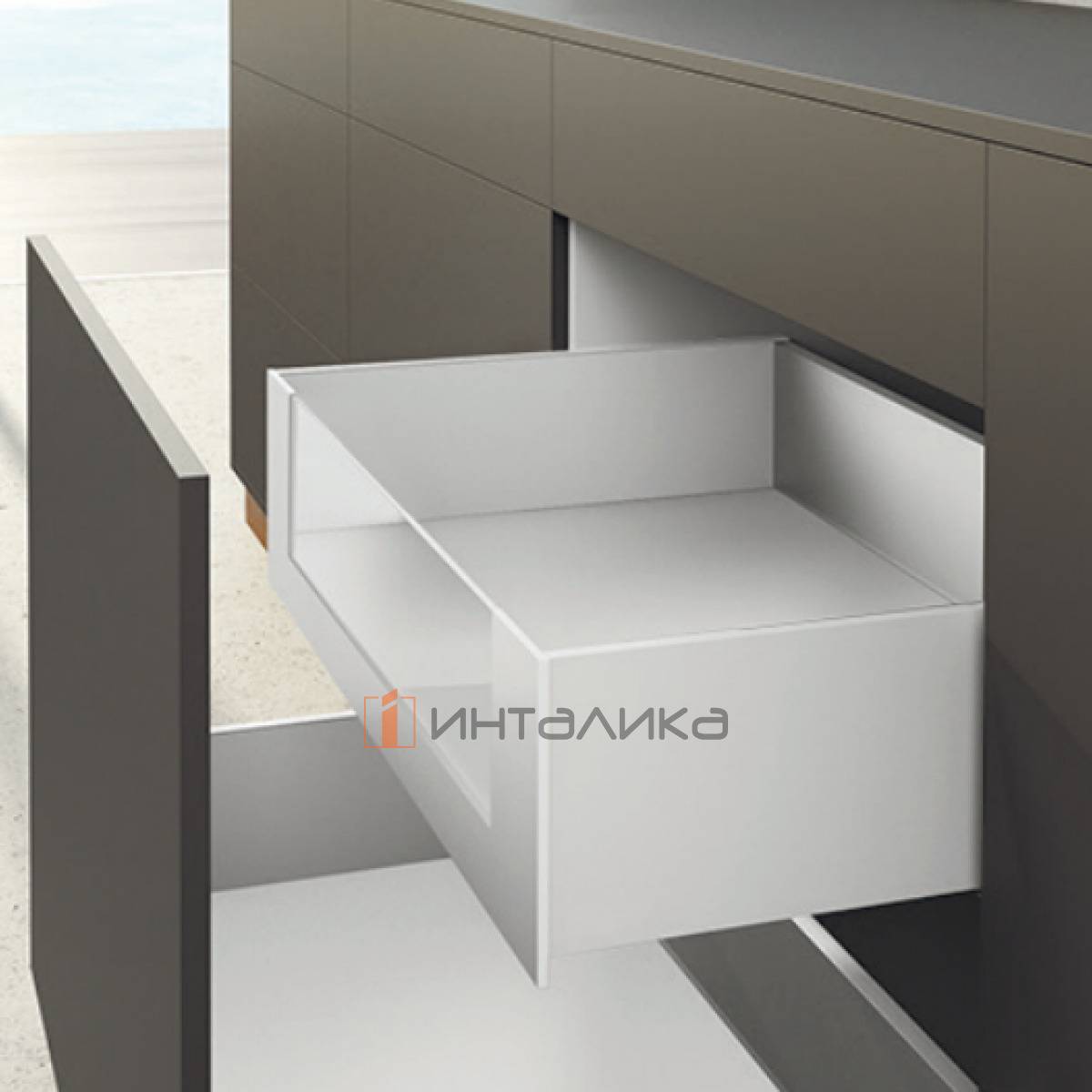 Внутренний высокий ящик HETTICH AvanTech You Quadro M DESIGN Push to Open Silen полного выдвижения, H187, NL300, снаряжённый вес ящика 8-20 кг, под раскрой, серебристый