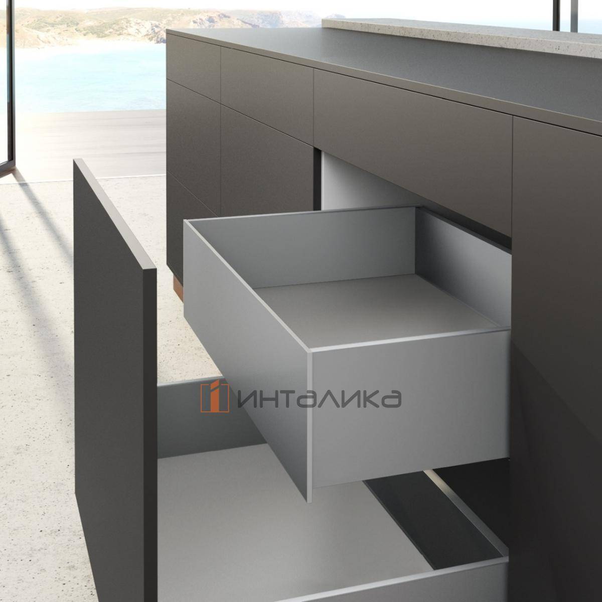 Внутренний ящик высокий HETTICH AvanTech You Actro L Push to Open Silent полного выдвижения, H187, NL400, G30, B 600, снаряжённый вес ящика 10-40 кг, серебристый