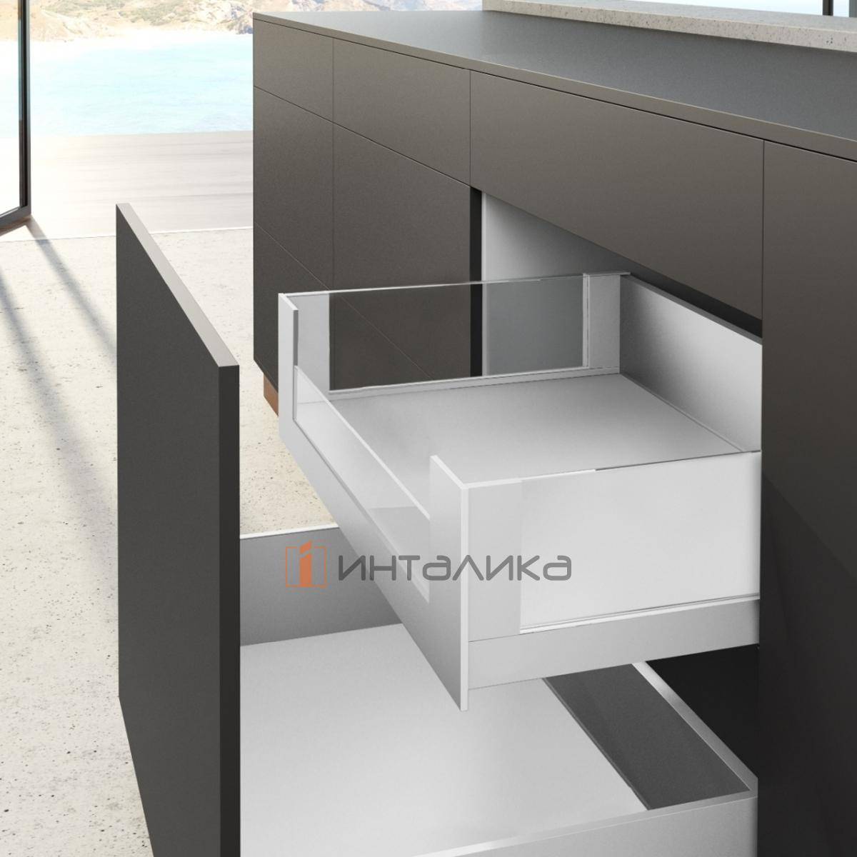 Внутренний высокий ящик HETTICH AvanTech You Actro L INLAY DESIGN Push to Open Silent полного выдвижения, H187, NL400, G40, снаряжённый вес ящика  10-40 кг, под раскрой, белый