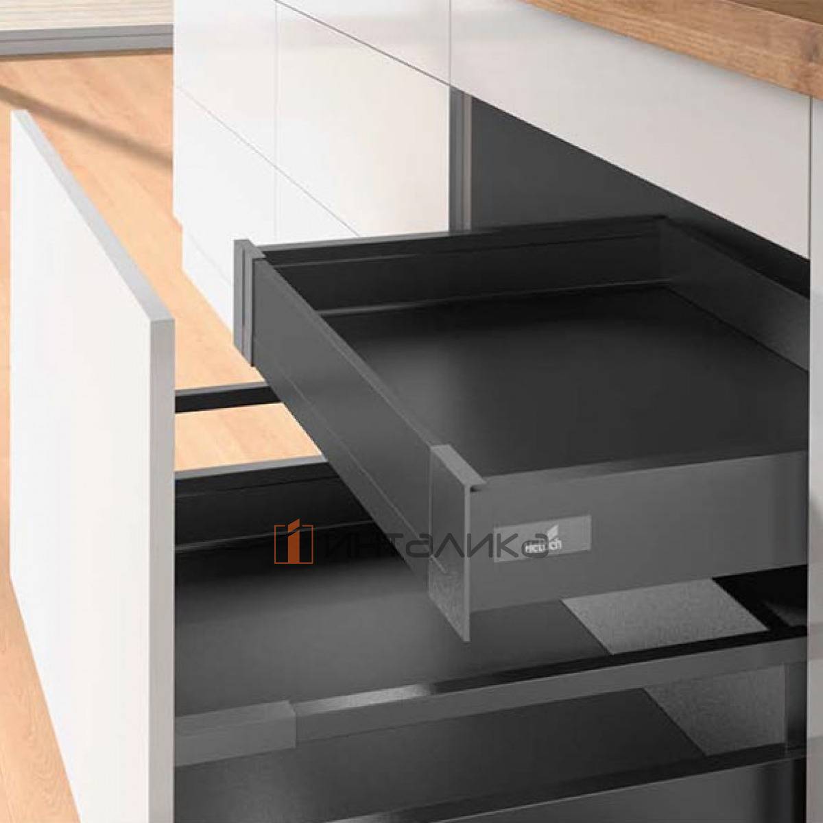 Внутренний ящик стандартный HETTICH InnoTech Atira Quadro V6 Push to Open, полное выдвижение, B600, H70, NL260, G30, антрацит