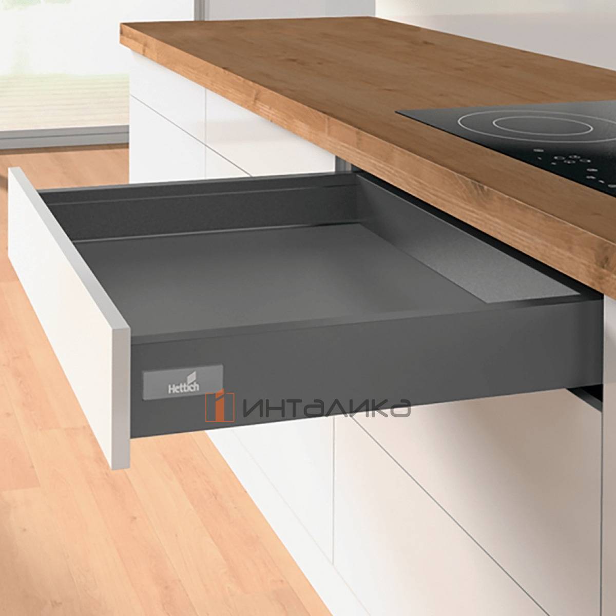 Фасадный ящик стандартный HETTICH InnoTech Atira Quadro V6 Push to Open Silent полного выдвижения, H70, NL350, G10, снаряжённый вес ящика 3-10 кг, антрацит