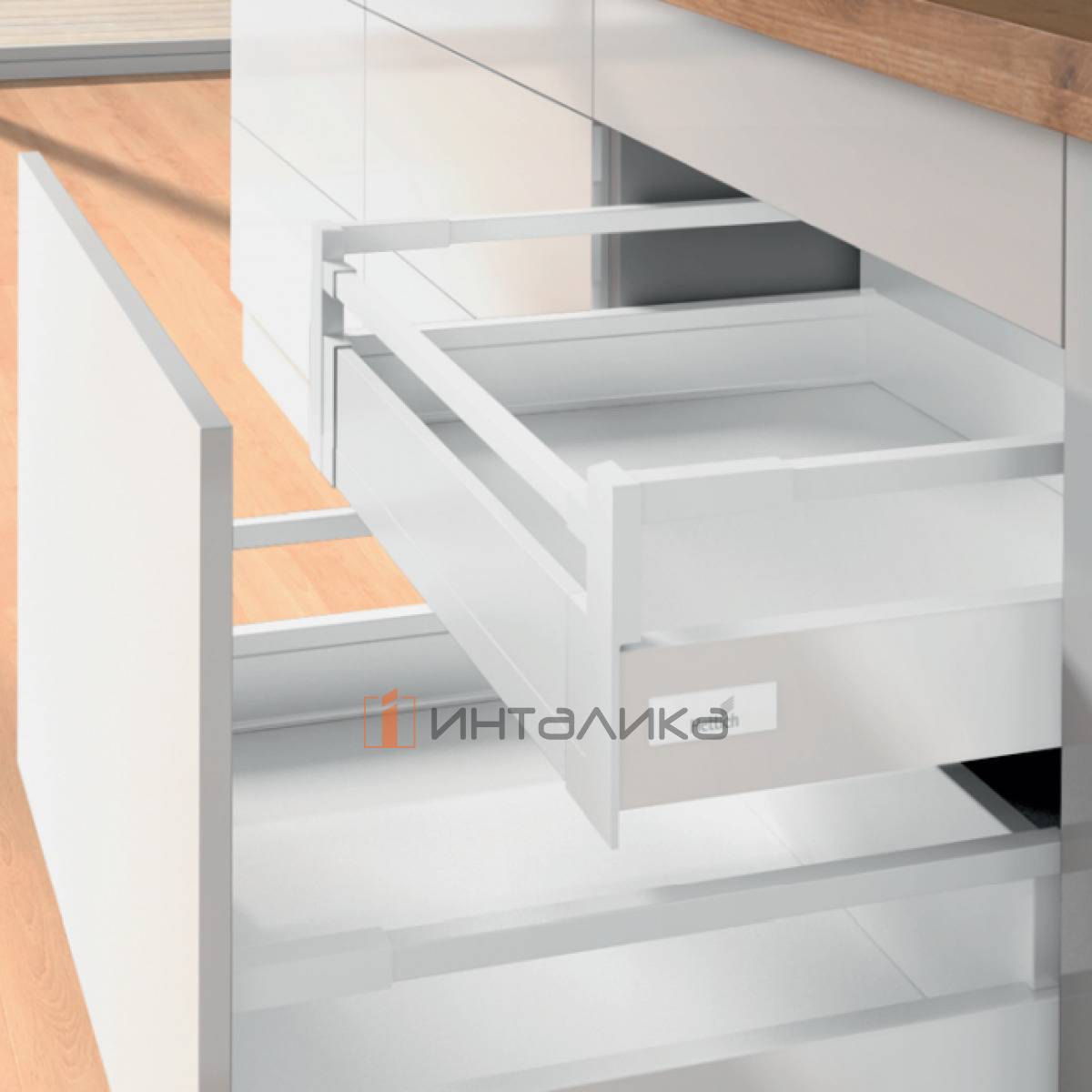 Внутренний ящик с релингом HETTICH InnoTech Atira Quadro V6 Push to Open Silent полное выдвижение, B600, H144, NL520, G30, снаряжённый вес ящика 10-30 кг, белый