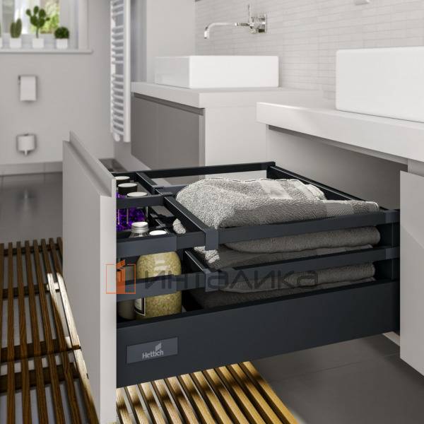 Фасадный ящик с двойным релингом HETTICH InnoTech Atira Quadro V6 Push to Open Silent полное выдвижение, H176, NL470, G30, снаряжённый вес ящика 8-20 кг, антрацит – 2