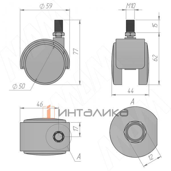 Опора двухколесная с винтом M10, D50 мм, без стопора, серая (OK-50/2/K/GR) – 2