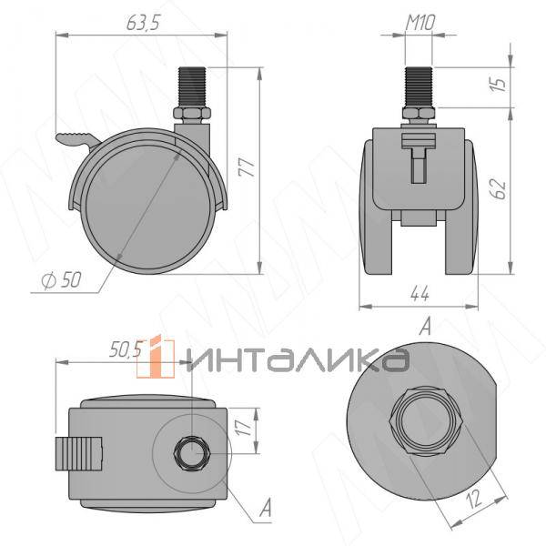Опора двухколесная с винтом M10, D50 мм, со стопором, белая (OK-50/2-CT/WH) – 2