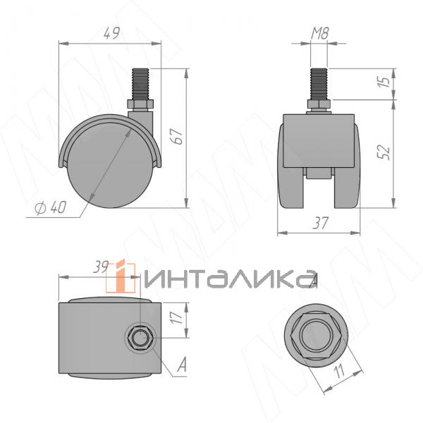 Опора двухколесная с винтом M8, D40 мм, без стопора, серая (OK-40/2/K/GR) – 2