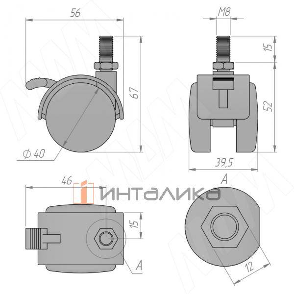 Опора двухколесная с винтом M8, D40 мм, со стопором, серая (OK-40/2-CT/GR) – 2