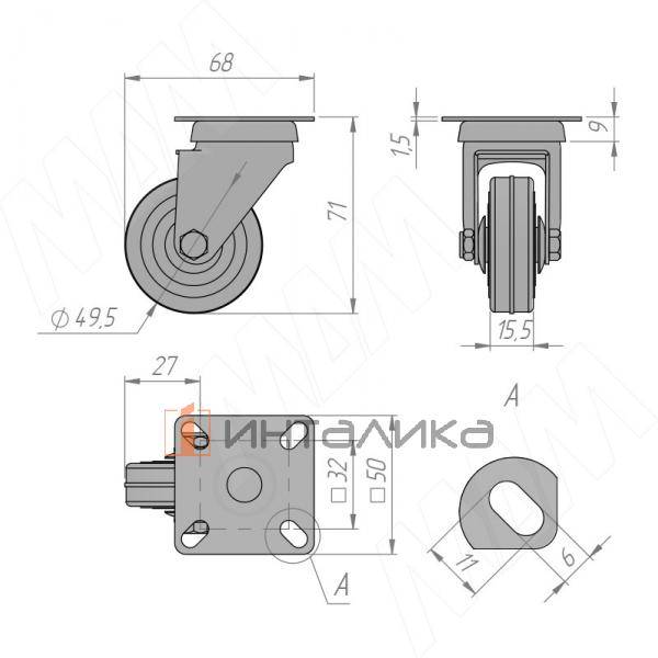 Опора колесная, D50 мм, без стопора, с площадкой (CST55) – 2