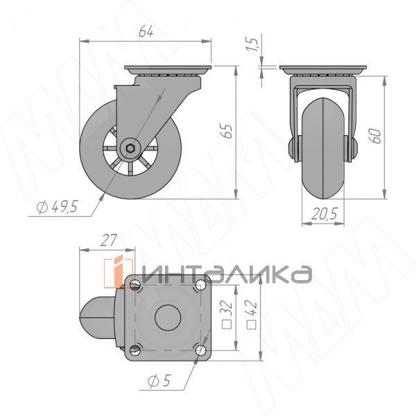 Опора колесная, D50 мм, без стопора, с площадкой, прозрачное колесо (CST70) – 2