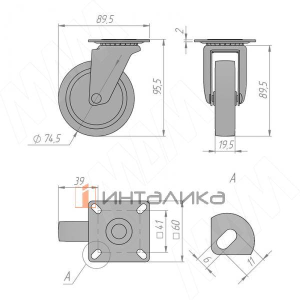 Опора колесная, D75 мм, без стопора, с площадкой (CST75) – 2