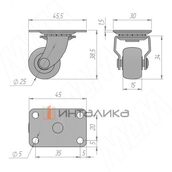 Опора колесная, D25 мм, без стопора, с площадкой (CST25 PL) – 2