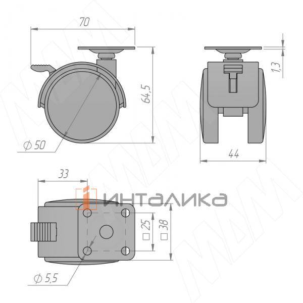 Опора двухколесная с площадкой, D50 мм, со стопором, серая (OK-50/1-CT/GR) – 2