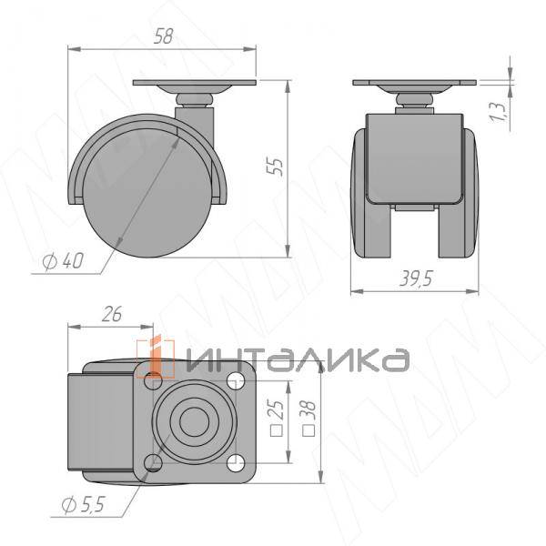 Опора двухколесная с площадкой, D40 мм, без стопора, серая (OK-40/1/K/GR) – 2