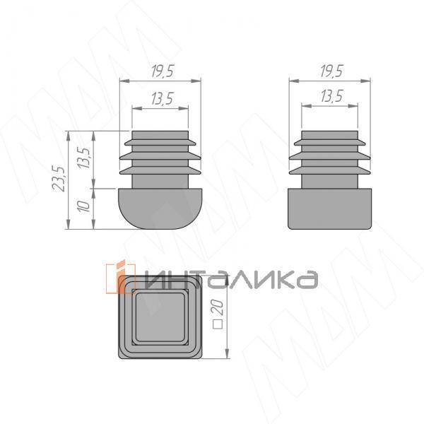 Заглушка-подпятник для трубы 20 х 20 с полусферической шляпкой, черный (HL.S.20X20.HR.BL) – 3