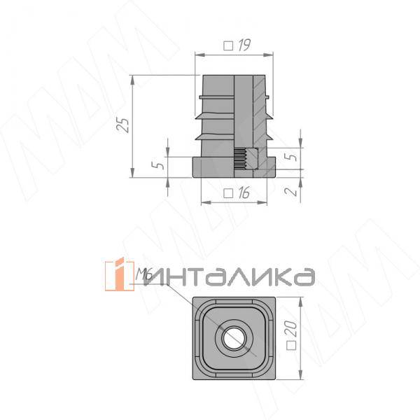 Заглушка-подпятник с гайкой, М6, черный (HL.S.20X20.M6.BL) – 3